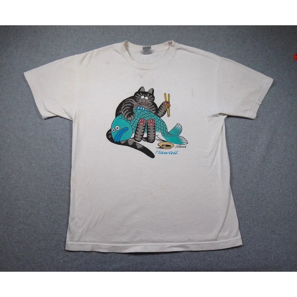 Vintage B Kliban Shirt Mens Large White Cat Graphic Tee Sushi Hawaii Adult